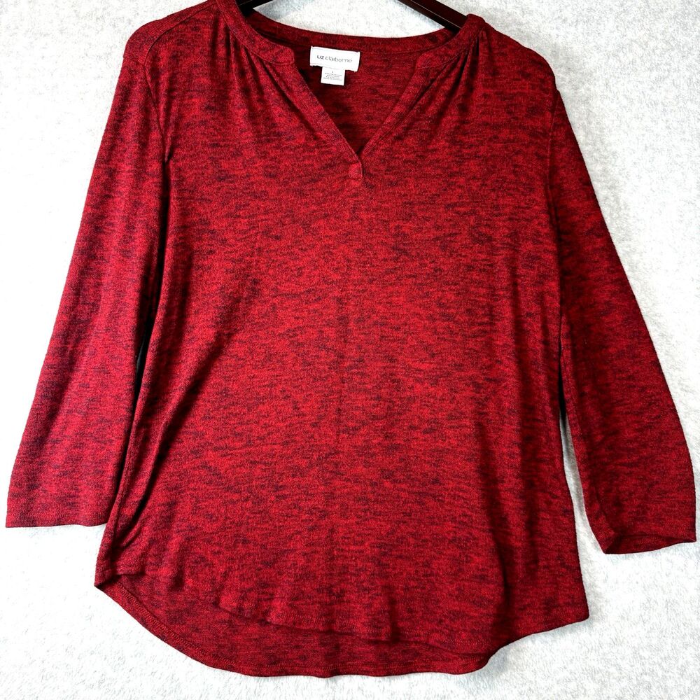 Liz Claiborne Top Knit, Vintage, Red with Black. 3/4 Sleeve. V-neck